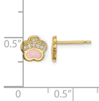 Gold-tone paw print stud earrings with pink stone center and clear crystal accents, shown next to a ruler indicating approximately 0.5 inch size.