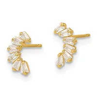 Pair of gold stud earrings with baguette-cut clear crystals arranged in a fan or spray pattern.
