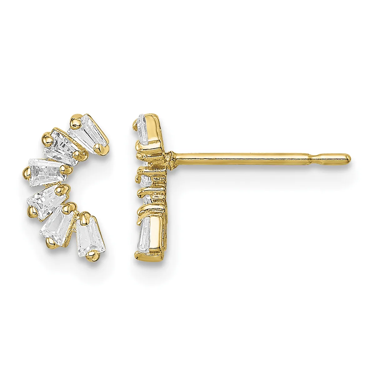 Pair of gold stud earrings with clustered baguette-cut clear crystals arranged in a curved fan shape, shown from front and side views.