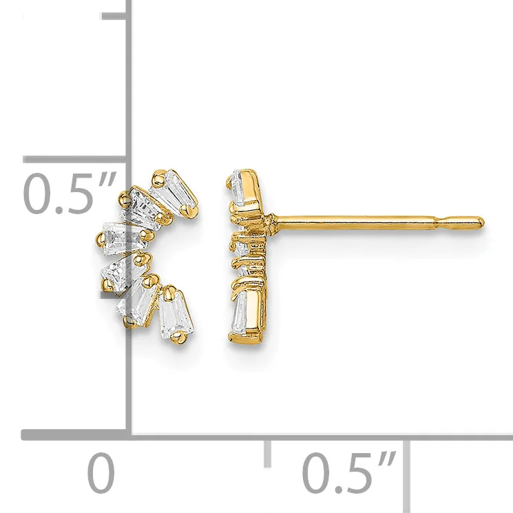 Pair of gold stud earrings with rectangular clear gemstones arranged vertically, shown next to a measurement scale indicating approximately 0.5 inches in height.