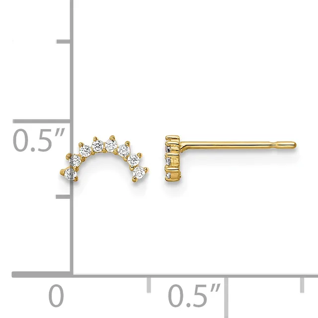 Pair of gold stud earrings with curved semicircular tops set with round diamonds, shown next to a ruler indicating approximately half-inch length.