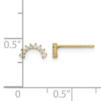 Pair of gold stud earrings with curved semicircular tops set with round diamonds, shown next to a ruler indicating approximately half-inch length.