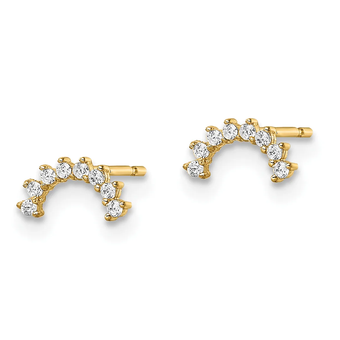 A pair of gold stud earrings featuring curved arcs of round white diamonds set in yellow gold with post backs.