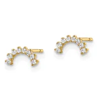 A pair of gold stud earrings featuring curved arcs of round white diamonds set in yellow gold with post backs.