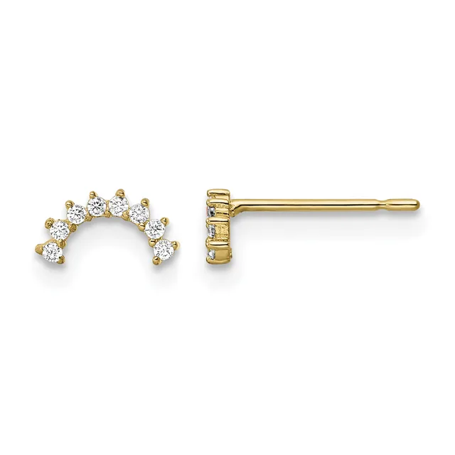 A pair of gold stud earrings with curved semicircular tops set with round diamonds, shown from front and side views.