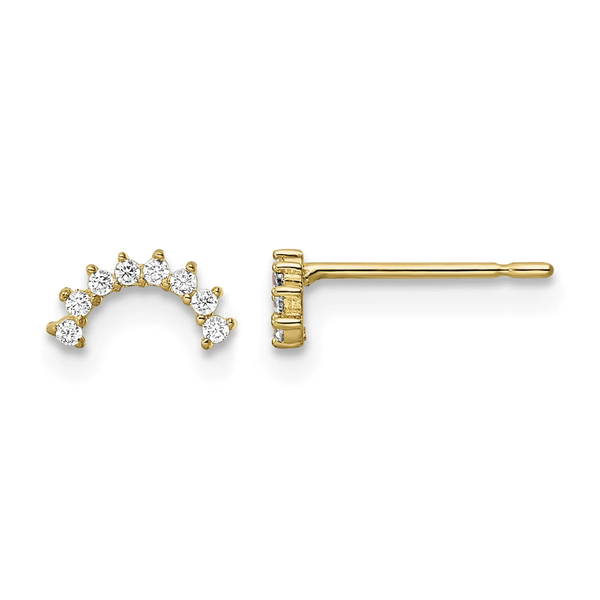 A pair of gold stud earrings with curved semicircular tops set with round diamonds, shown from front and side views.