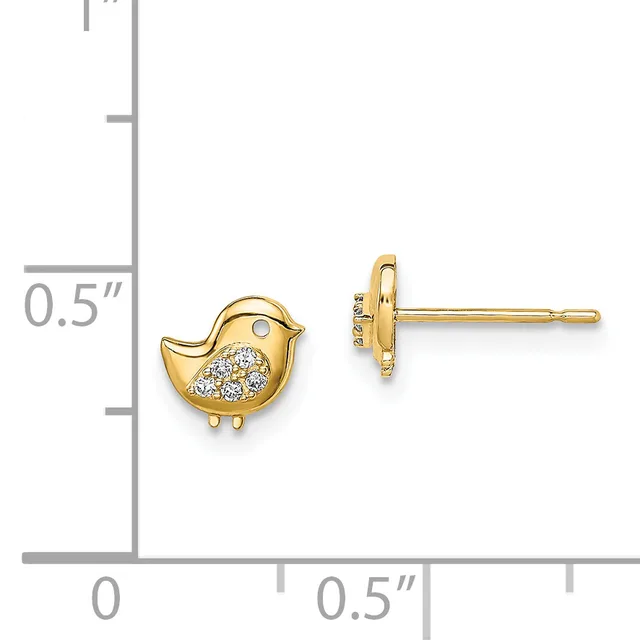 Gold bird-shaped stud earrings with a pave diamond wing detail, shown front and back view next to a measurement scale.