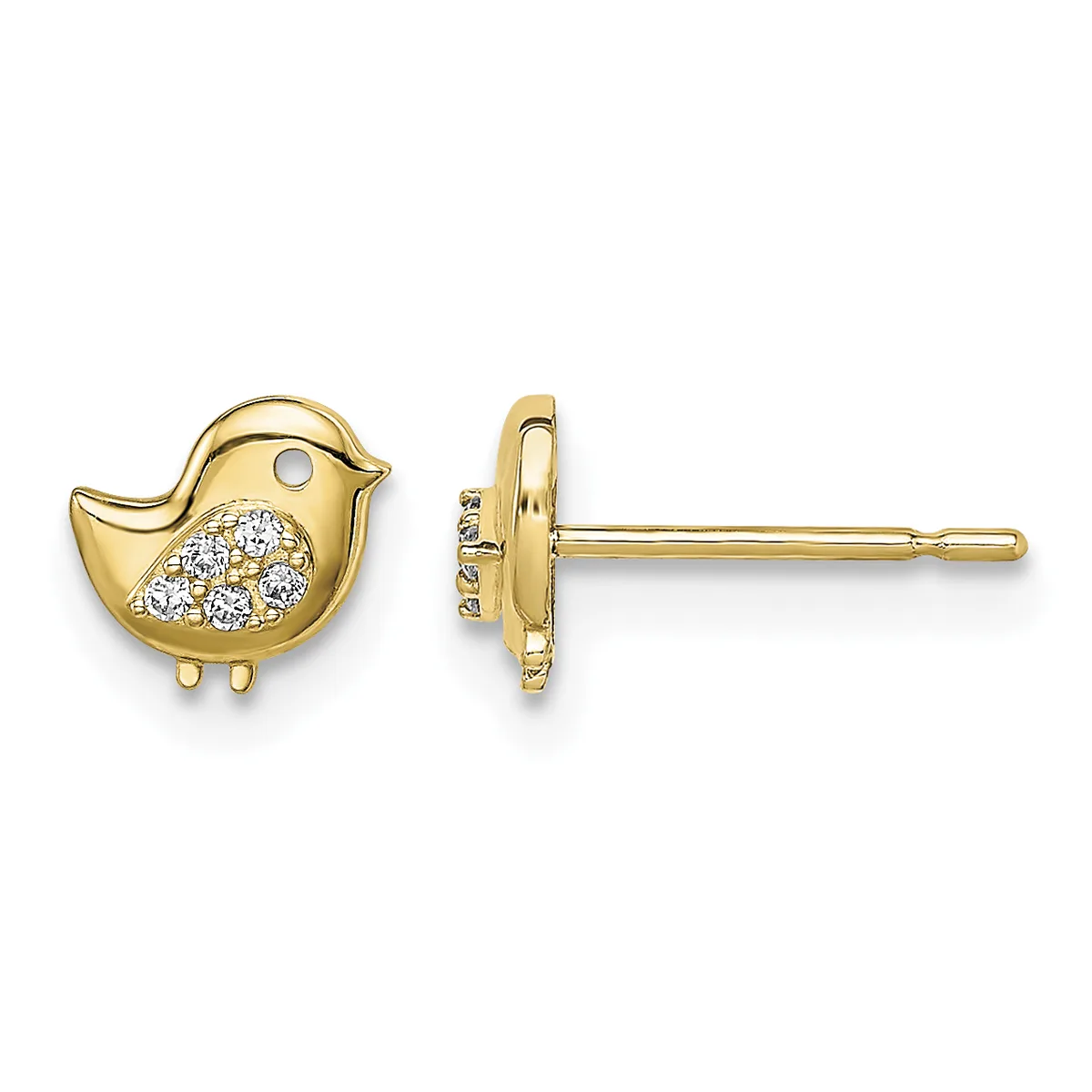 Gold bird stud earrings with cubic zirconia stones set in the wing area, shown from front and side views.