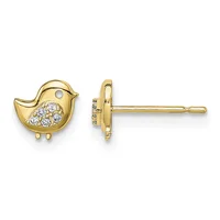 Gold bird stud earrings with cubic zirconia stones set in the wing area, shown from front and side views.