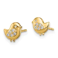 Pair of gold bird-shaped stud earrings with diamond-set wings and pearl eyes, shown from front and three-quarter views.