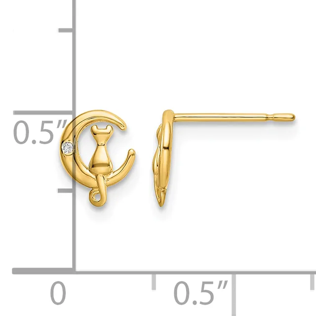 Pair of gold stud earrings featuring a crescent moon design with a cat sitting on it and a small diamond accent, shown at actual size on a measurement scale.