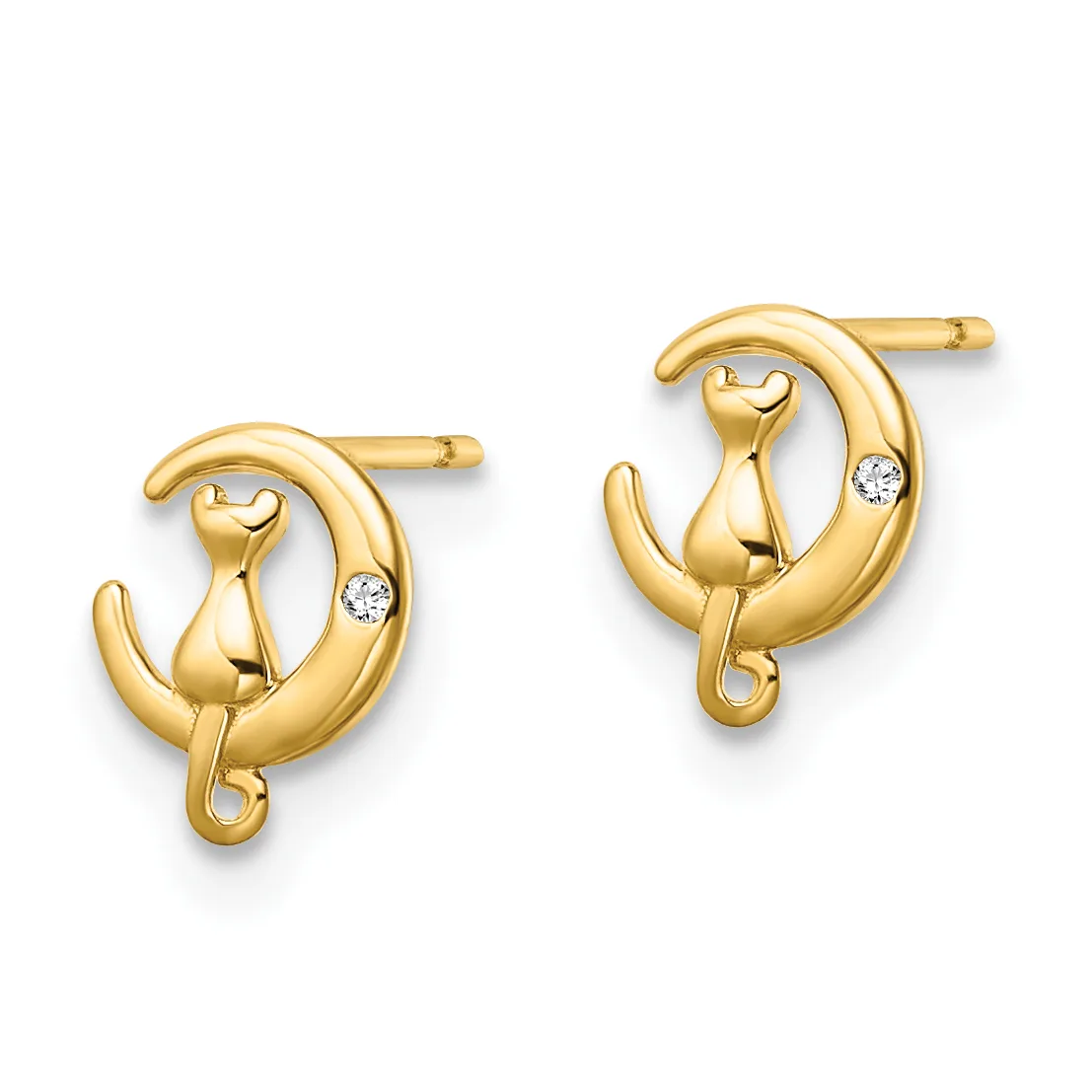 A pair of gold earrings featuring crescent moons with sitting cats and small diamond accents, shown from the front.