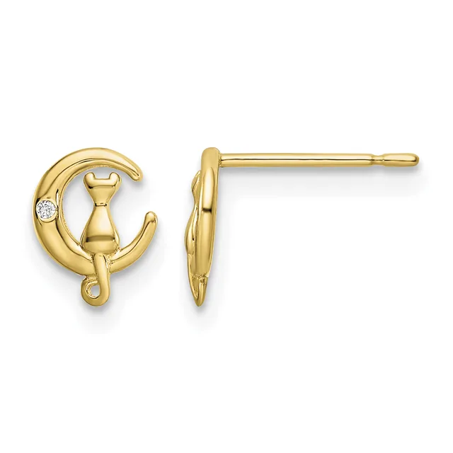 Pair of gold stud earrings featuring a crescent moon with a sitting cat silhouette and a small diamond accent, shown from front and side views.