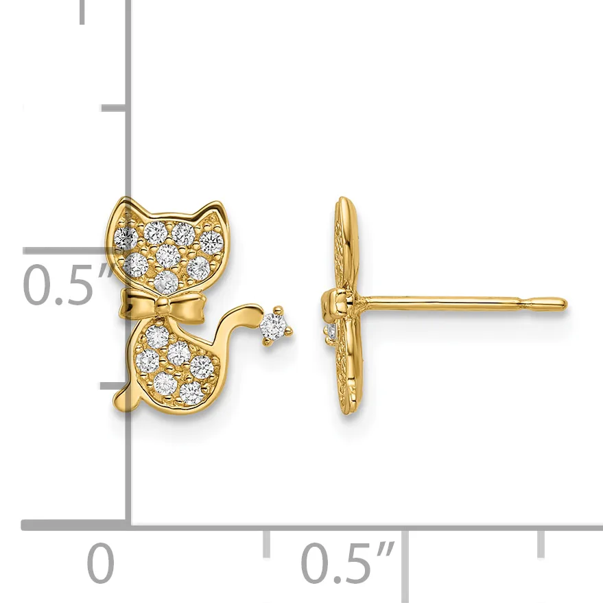 Gold cat stud earrings with cubic zirconia stones, shown from front and side views on a measurement scale indicating approximately half inch size.