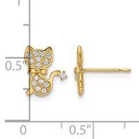 Gold cat stud earrings with cubic zirconia stones, shown from front and side views on a measurement scale indicating approximately half inch size.