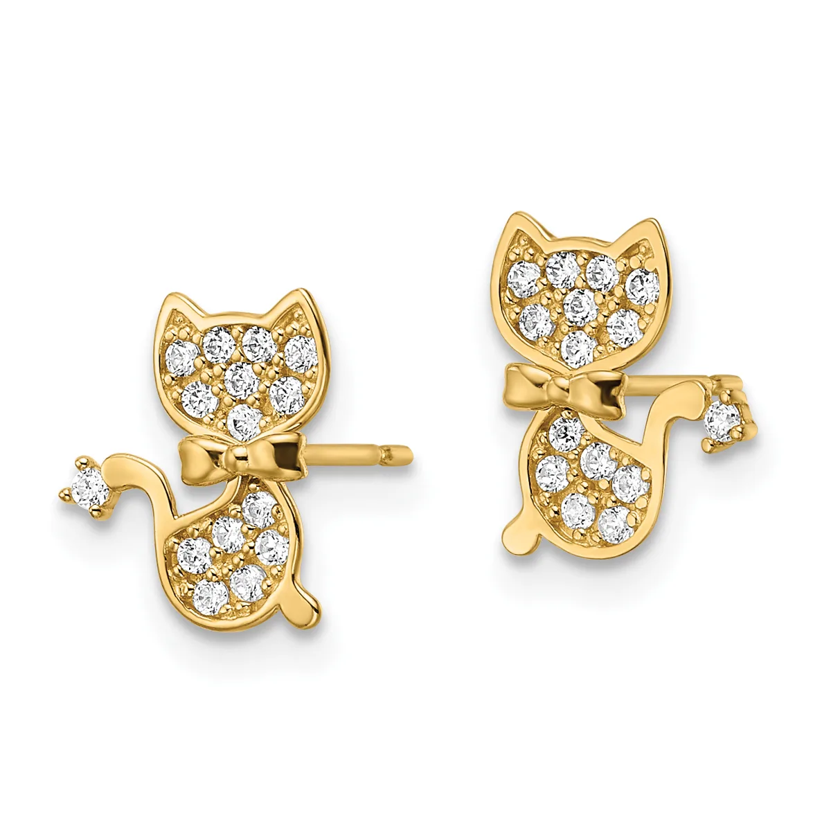 Pair of gold cat-shaped stud earrings with diamond pavé heads and tails, connected by small bows, displayed front and back views.
