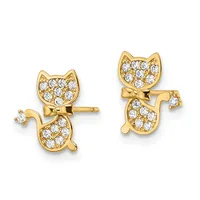 Pair of gold cat-shaped stud earrings with diamond pavé heads and tails, connected by small bows, displayed front and back views.
