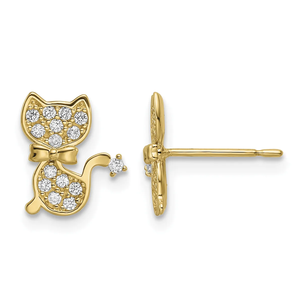 Gold cat-shaped stud earrings with diamond pavé accents and a bow detail, shown from front and side views.