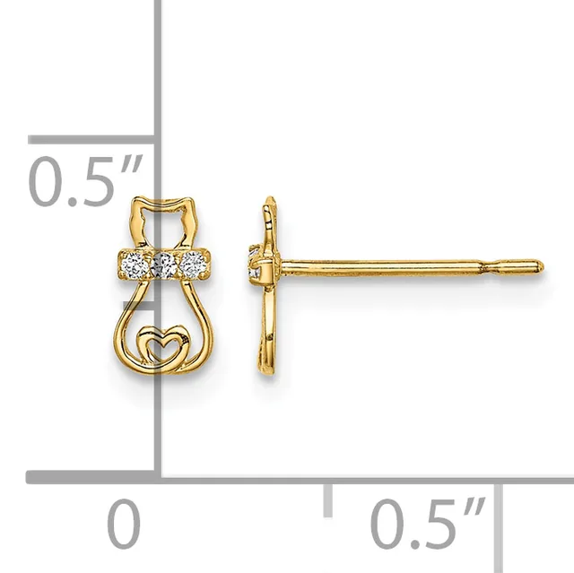 A pair of gold stud earrings featuring a bow design with diamond accents and a heart detail, shown front and back view with a measurement scale indicating approximately 0.5 inches in height.