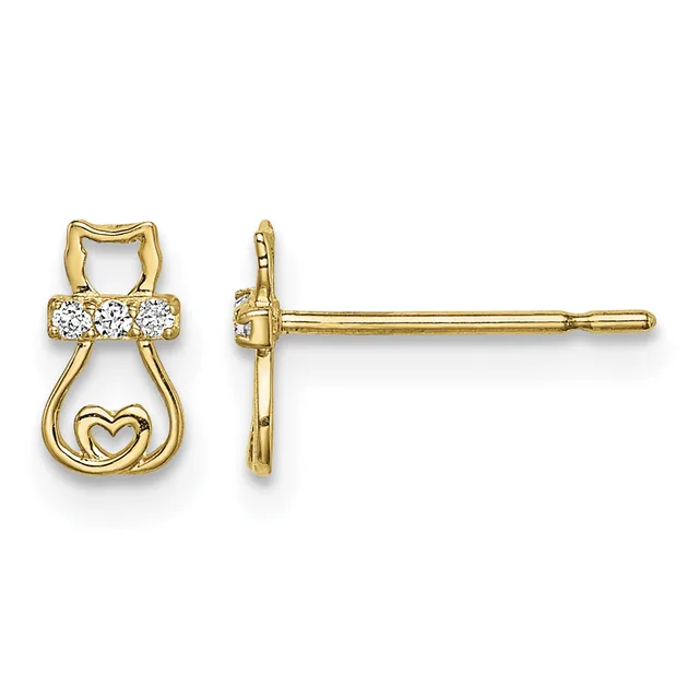 Gold stud earrings featuring a cat silhouette with a heart cutout at the bottom and a band of cubic zirconia across the top, shown from front and side views.