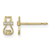 Gold stud earrings featuring a cat silhouette with a heart cutout at the bottom and a band of cubic zirconia across the top, shown from front and side views.