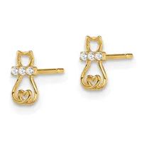 Pair of gold stud earrings featuring a bow design at the top with three round diamonds, and a heart outline at the bottom.
