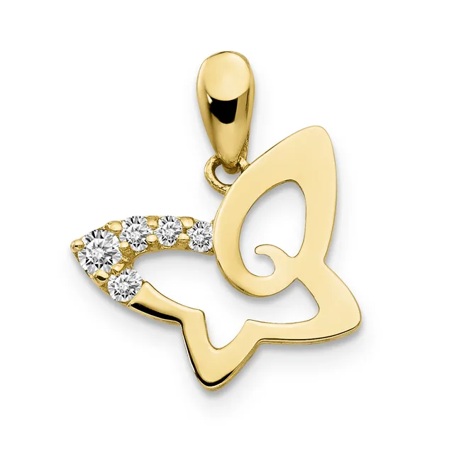 Gold butterfly pendant with diamond accents on the left wing, shown against a white background.