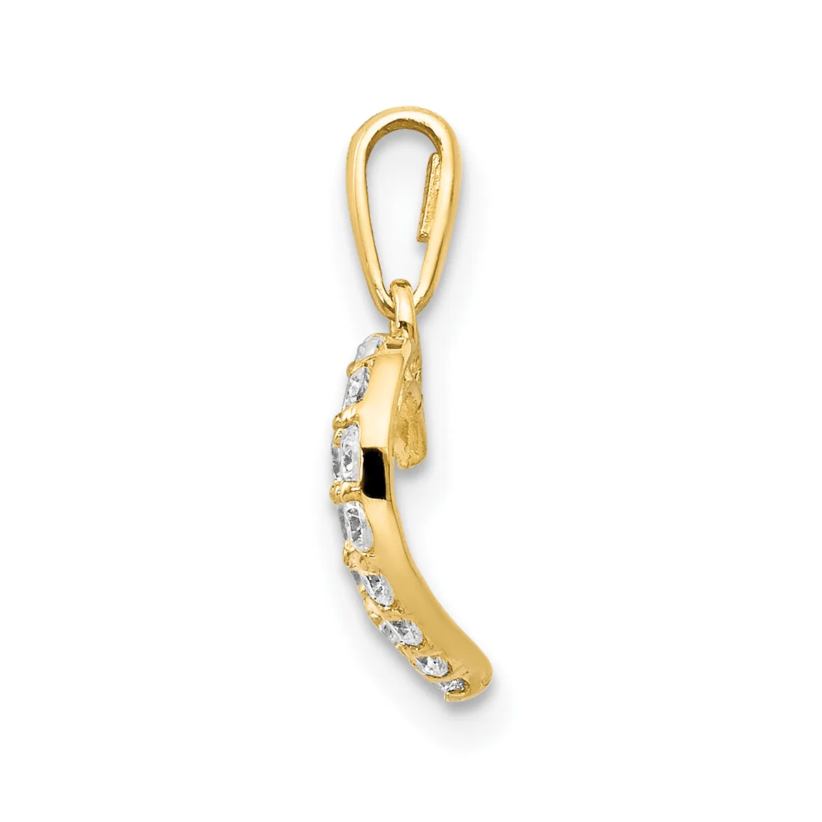 Gold curved pendant with diamond accents and a gold bail loop, shown suspended against a white background.