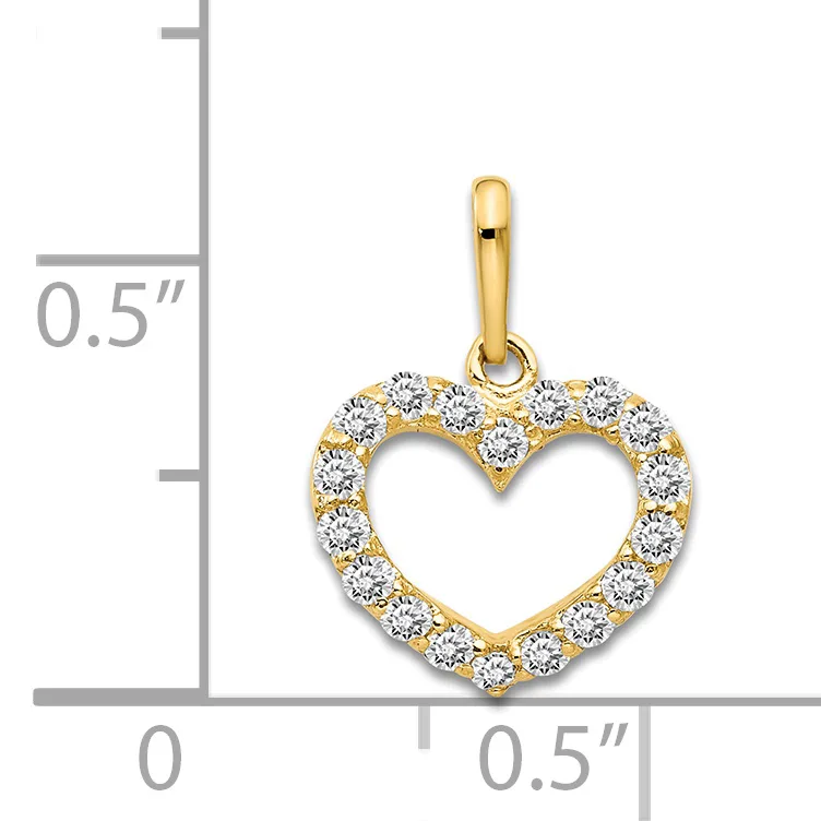 Gold heart pendant outlined with round diamonds on a measurement scale showing approximately half an inch in height.