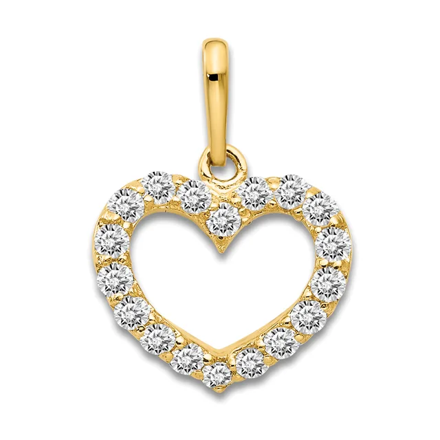 Gold heart pendant outline set with round diamonds around the border and a small loop bail at the top.