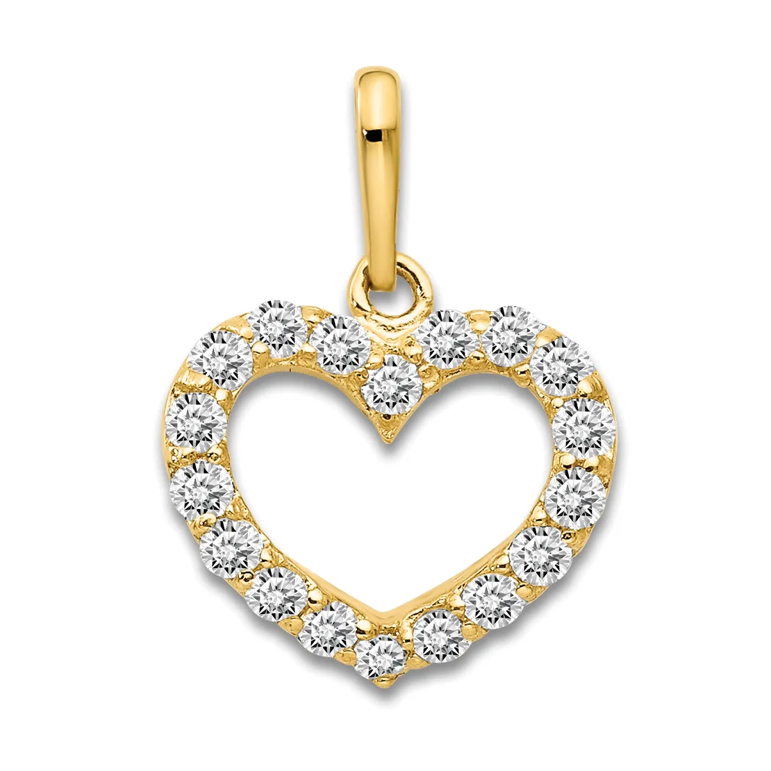 Gold heart pendant outline set with round diamonds around the border and a small loop bail at the top.