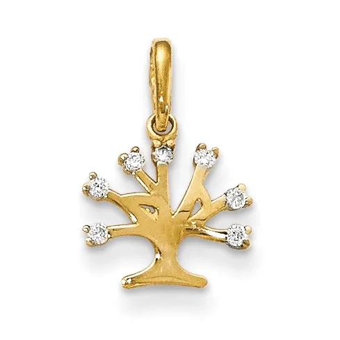 Gold tree-shaped pendant with eight small round cubic zirconia stones set at the branch tips and a polished bail at the top.