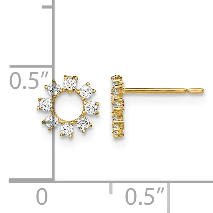 Pair of gold stud earrings featuring circular halos of round cubic zirconia stones surrounding open centers, shown front and side view with a measurement scale indicating 0.5 inches in height.