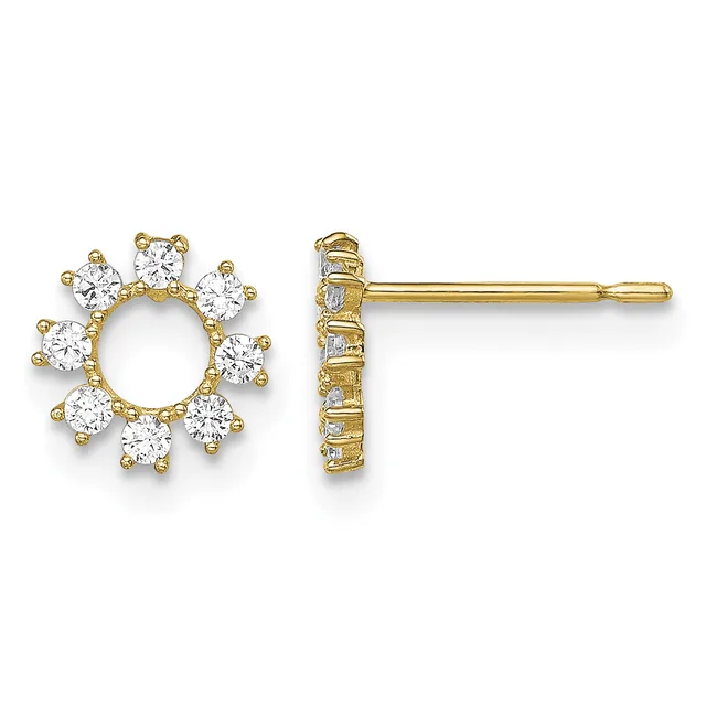 A pair of gold stud earrings with circular open centers surrounded by eight round diamond stones arranged in a sunburst pattern, shown from front and side views.