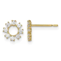 A pair of gold stud earrings with circular open centers surrounded by eight round diamond stones arranged in a sunburst pattern, shown from front and side views.