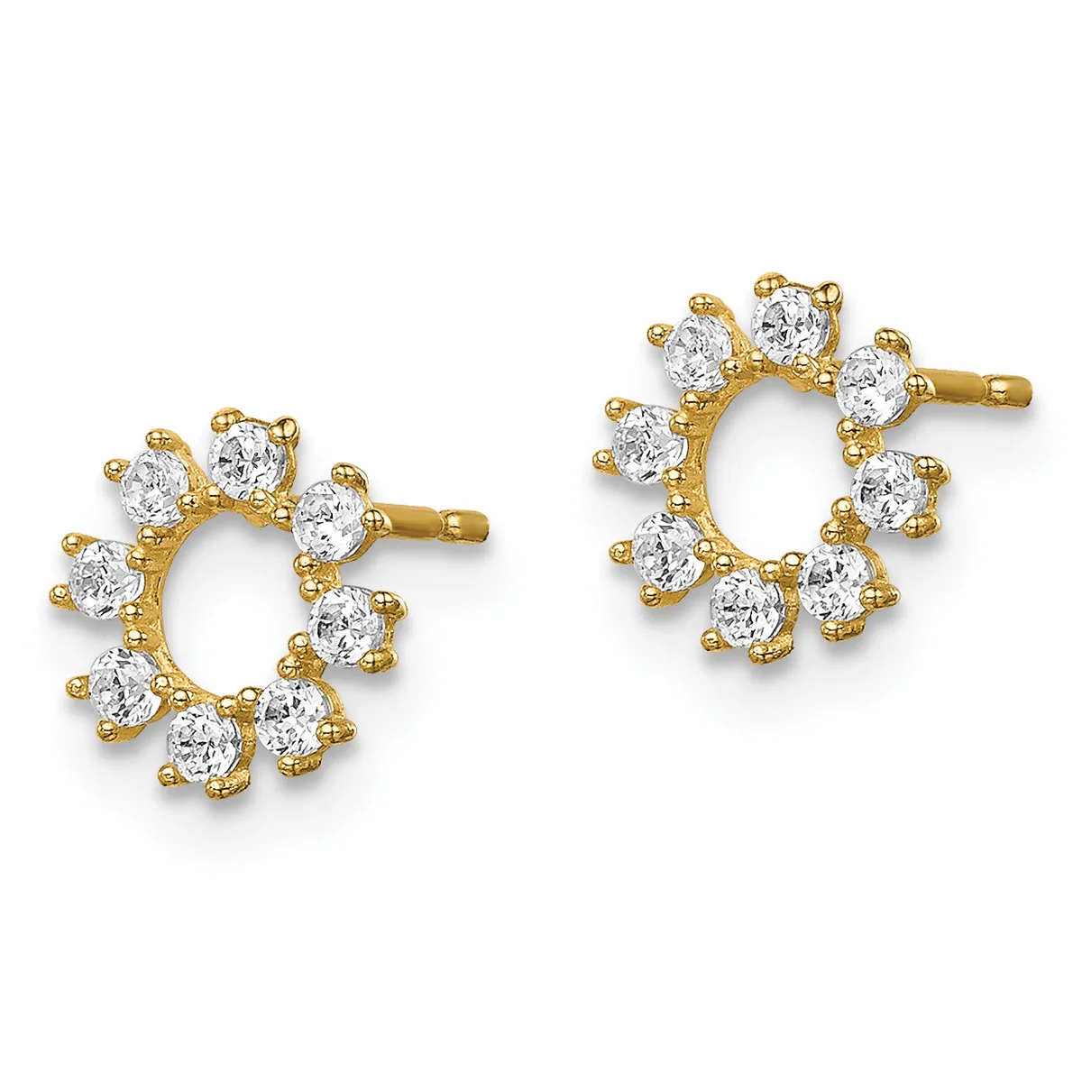 Pair of gold stud earrings featuring circular open designs adorned with clustered round cubic zirconia stones arranged around the perimeter.