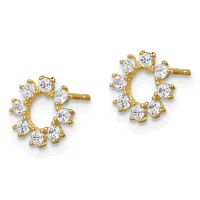 Pair of gold stud earrings featuring circular open designs adorned with clustered round cubic zirconia stones arranged around the perimeter.