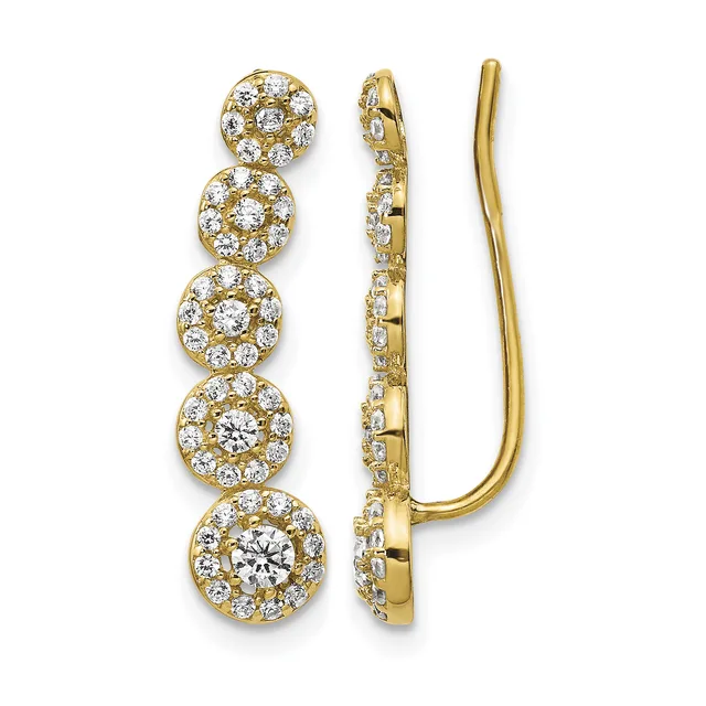 Gold ear climber earrings with five stacked circular halos, each containing a round diamond surrounded by smaller diamonds, shown from front and side views.