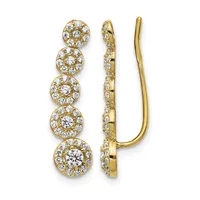 Gold ear climber earrings with five stacked circular halos, each containing a round diamond surrounded by smaller diamonds, shown from front and side views.