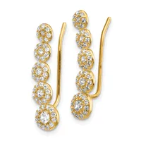 Pair of gold ear climber earrings with multiple clustered round diamond settings along curved posts, shown against a white background.