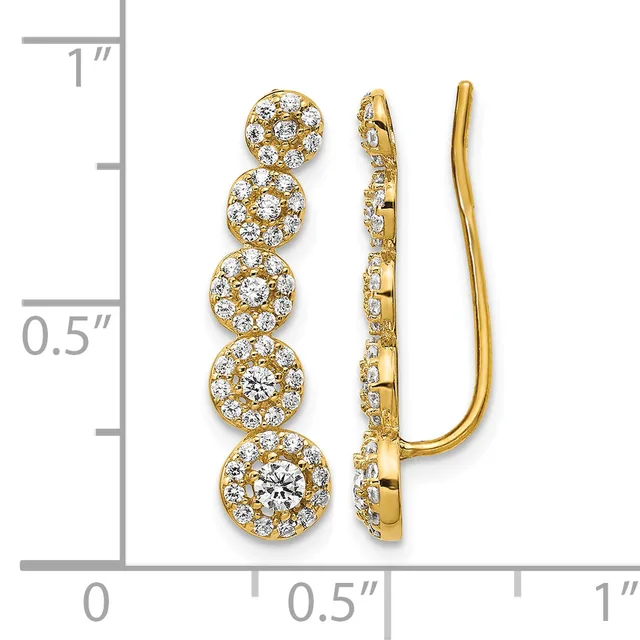 Gold ear climbers with five stacked circular halos of diamonds, shown from front and side views with a measurement scale.