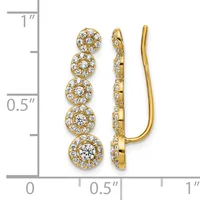 Gold ear climbers with five stacked circular halos of diamonds, shown from front and side views with a measurement scale.