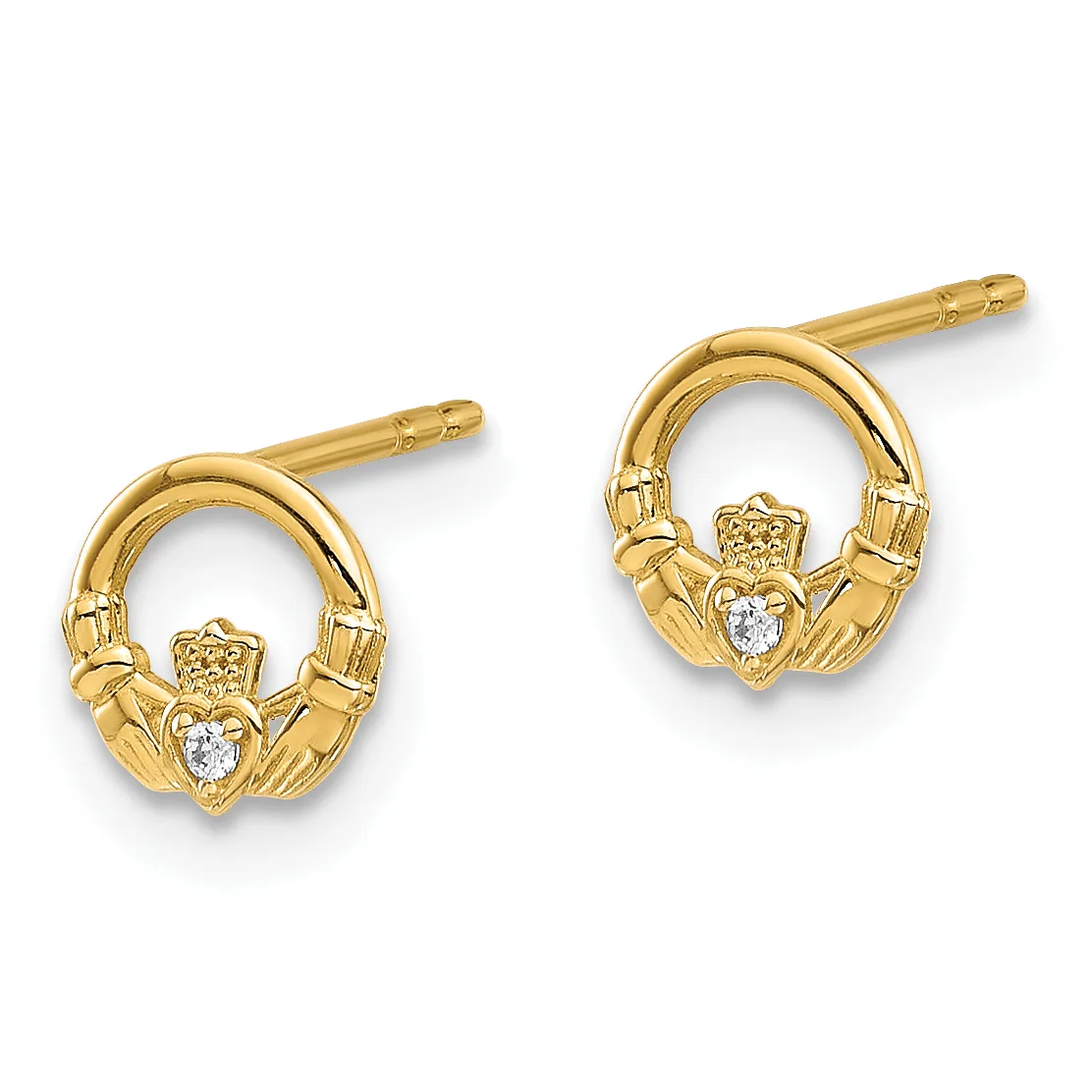 Pair of gold Claddagh stud earrings with diamond centers and post backs.