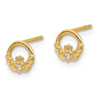 Pair of gold Claddagh stud earrings with diamond centers and post backs.