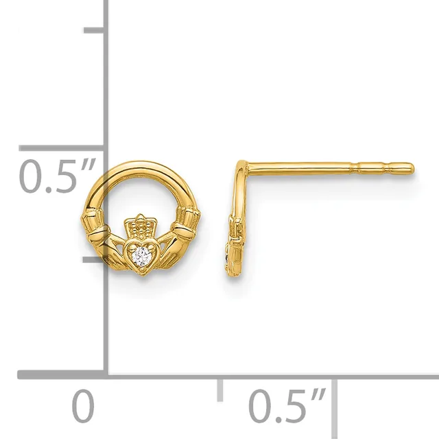 Gold claddagh stud earrings with diamond centers shown next to a measurement ruler indicating approximately 0.5 inches in diameter.
