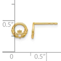 Gold claddagh stud earrings with diamond centers shown next to a measurement ruler indicating approximately 0.5 inches in diameter.