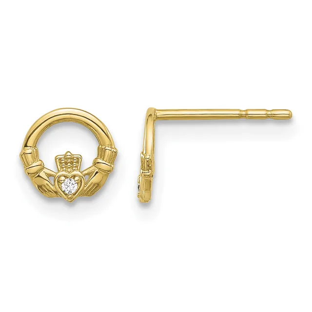 Pair of gold Claddagh stud earrings with heart-shaped centers set with small diamonds, shown from front and side views.