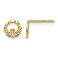 Pair of gold Claddagh stud earrings with heart-shaped centers set with small diamonds, shown from front and side views.