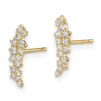 Pair of gold stud earrings with elongated cluster designs set with clear cubic zirconia stones in a tapered arrangement.