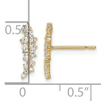 Gold stud earrings with a curved linear design studded with round diamonds, shown front and side view with a measurement scale indicating approximately 0.5 inches in length.